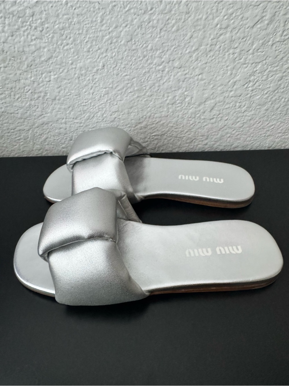 Miu Miu Women’s Silver Leather Slide Sandals, Size 37